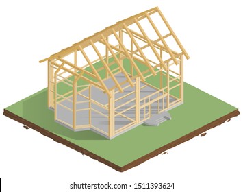 Vector illustration of a house construction stage. Wire-frame of a wooden house. Isometry