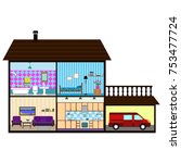 vector illustration of house in cut view with room interiors, domestic lifestyle concept