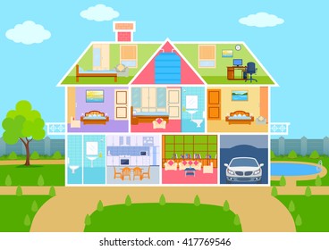 Vector Illustration Of House In Cut View With Detailed Interior And Furniture