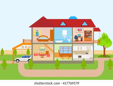 Vector Illustration Of House In Cut View With Detailed Interior And Furniture