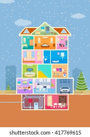 Vector Illustration Of House In Cut View With Detailed Interior And Furniture