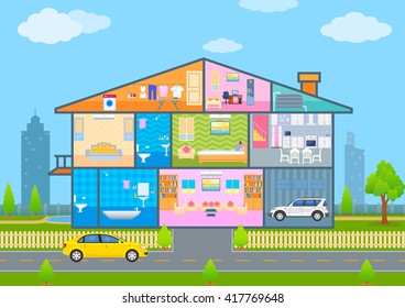 Vector Illustration Of House In Cut View With Detailed Interior And Furniture