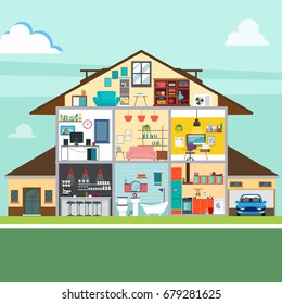 Vector Illustration Of House In Cut View With Detailed Interior And Furniture. Smart House