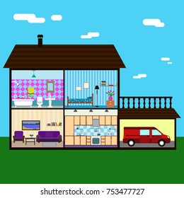 vector illustration of house in cut view with room interiors, domestic lifestyle concept