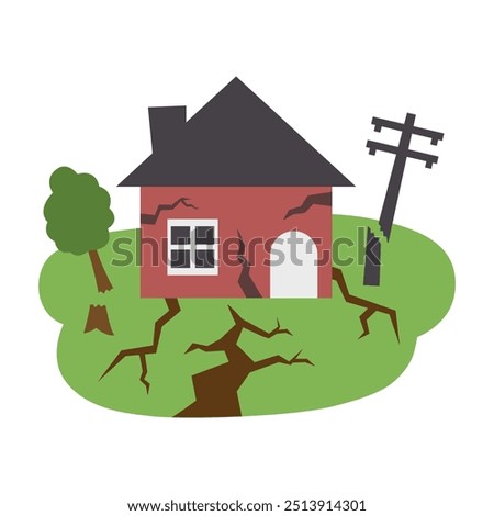 Vector illustration of a house damaged by a natural disaster, with cracked ground, a fallen tree, and a fallen power line, showing signs of a landslide, erosion, or earthquake.
