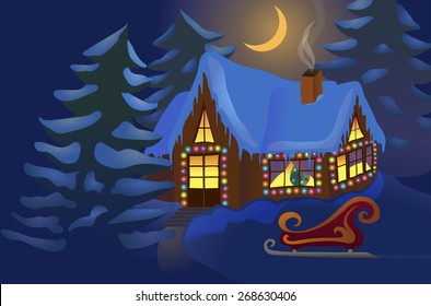 vector illustration of a house decorated for Christmas