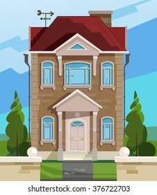 Vector illustration of house. English house facade. Colorful Flat Residential House. Illustration of a cartoon house in spring or summer season, with backyard garden and fence.