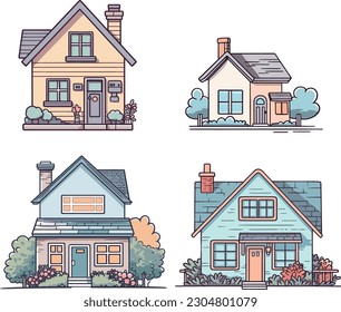 Ilustración vectorial de la vista frontal exterior de la casa con techo. Moderno. Edificio de Villa. Fachada casera con ventanas y puertas.