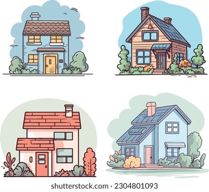 Ilustración vectorial de la vista frontal exterior de la casa con techo. Moderno. Edificio de Villa. Fachada casera con ventanas y puertas.