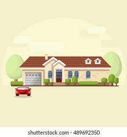 Vector illustration of house facade, car and trees on light  background.