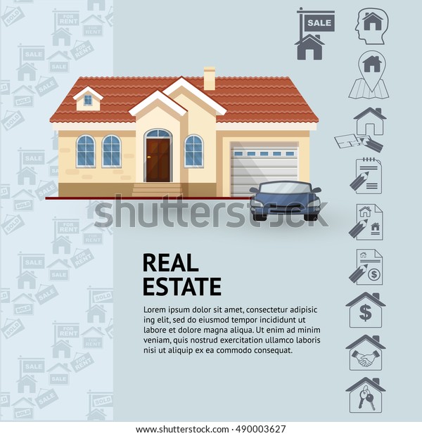 Vector illustration of house facade, car and\
real estate icons on blue \
background.