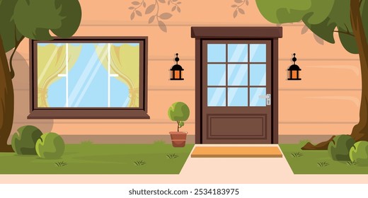 Vector illustration of a house facade. Cartoon scene of a beautiful facade of a house with a door, a window with curtains, a flower pot, lanterns, a path, trees, bushes, silhouettes of plants.