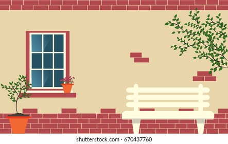 Vector illustration of house facade with flower in pot and bench
brick wall with window and plants, outdoor