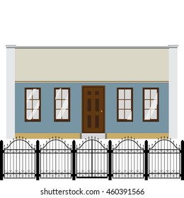 Vector illustration house facade. Residential house with wrought iron modular railing, fence. Modern home exterior