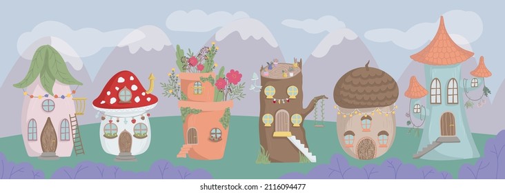 Vector illustration of a house of fairies and a gnome. Panorama of a fabulous village with mushroom houses, an acorn house, a herbalist's house