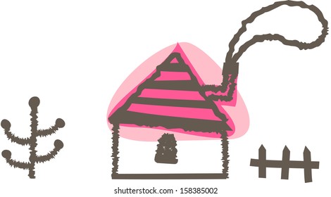 Vector illustration of a house with fence and tree