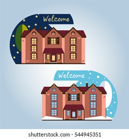 Vector illustration. House. Flat design. Night and day. Summer and winter. Welcome.