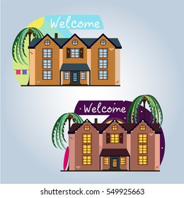 Vector Illustration. House. Flat design. Night and day. Summer. Welcome.