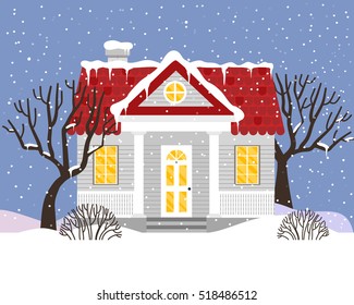Vector illustration with house in flat style. Winter snowing background.