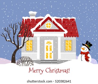 Vector illustration with house in flat style. Winter snowing background.