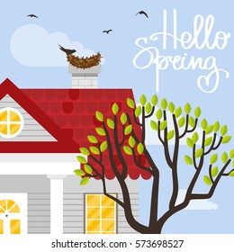 Vector illustration with house in flat style. Spring season background.