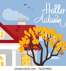 Vector illustration with house in flat style. Autumn season background.