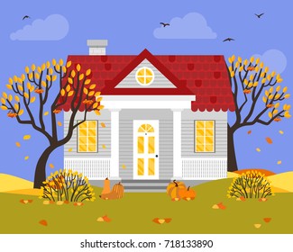 Vector illustration with house in flat style. Autumn season background.