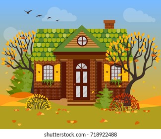 Vector illustration with house in flat style. Autumn season background.