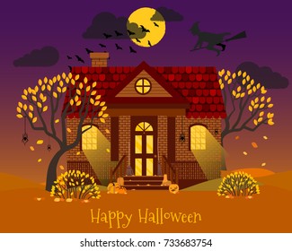 Vector illustration with house in flat style. Autumn season background. Halloween greeting card