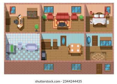 Vector illustration. House floor plan. (top view) Furnished flat. (view from above) Interior architecture. Living room, bedroom, kitchen, bathroom, office.