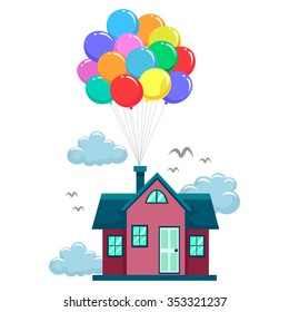 Vector Illustration of House Fly by Colorful Balloons