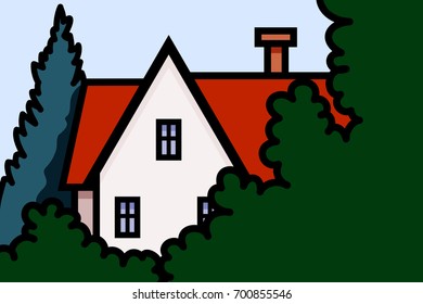 Vector illustration of house in the foliage on the trees background
