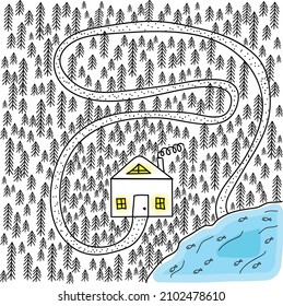 Vector illustration of the house in the forest