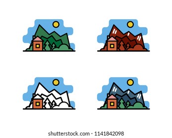 Vector illustration A house in the forest against the backdrop of the mountains at different times of the year, summer, autumn, winter and spring