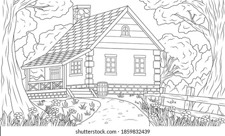 Vector illustration, house in the forest thicket, coloring book