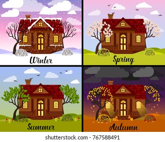 Vector illustration with house in four seasons - winter, spring, summer, autumn. Design set with landscape in flat style