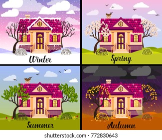 Vector illustration with house in four seasons - winter, spring, summer, autumn.