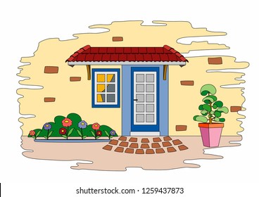 vector illustration of a house front window with blue window, EPS 10 file