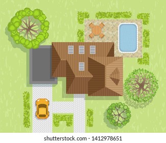 Vector illustration. House with garage, lawn and trees. Top view.