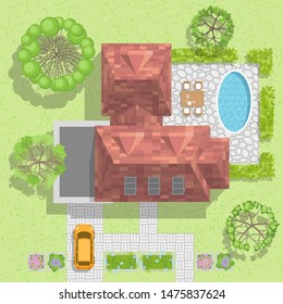 Vector illustration. House with garage, lawn and trees. Top view.