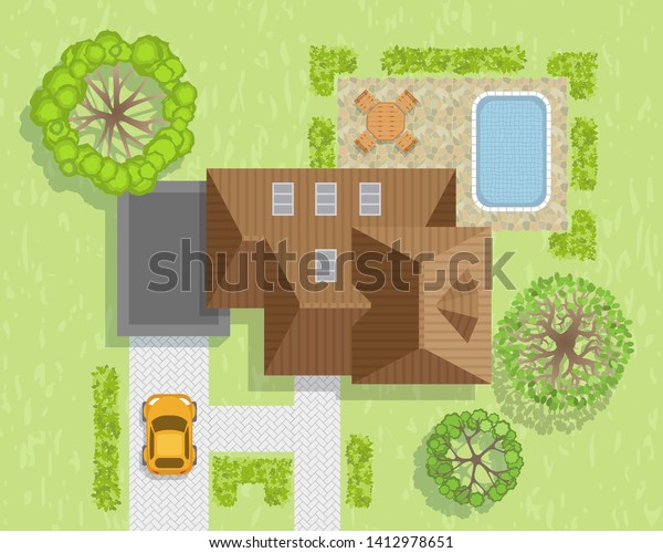 Vector illustration. House with garage, lawn and
trees. Top view.