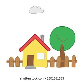 Vector illustration house with garden and tree. Hand drawn. Colored outlines.