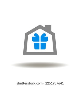 Vector illustration of house and gift box. Icon of sale. Symbol of shopping product delivery.