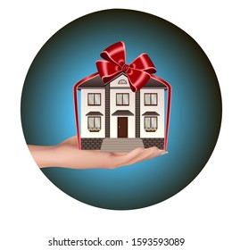 Vector illustration of a house as a gift, purchase, win as the main prize, house to submit, hold on hand