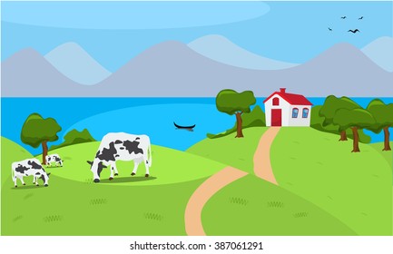 Vector illustration of a house and grazing cow in a beautiful countryside nature. Summer nature scene. Organic milk theme design