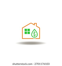 Vektorgrafik von Haus mit grünem Blatt. Ikone des grünen Öko-Baugebäudes. Symbol für Energieeinsparung, Effizienz und ökologische Nachhaltigkeit.