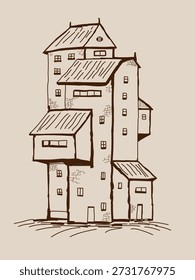 Vector illustration of a house, hand-drawn in doodle style on a beige background. For decorating your designs in the style of unusual cartoon architectural drawing.