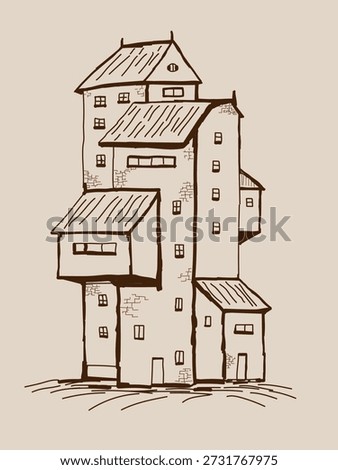 Vector illustration of a house, hand-drawn in doodle style on a beige background. For decorating your designs in the style of unusual cartoon architectural drawing.