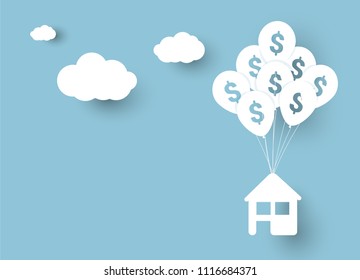 Vector illustration of house hanging on balloons with sign of dollar, over blue sky background and clouds with shadow. Business or real estate concept.