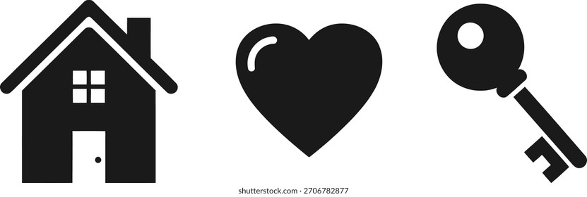 Vector Illustration of House, Heart, and Key Icons Symbolizing Home, Love, Security, and Real Estate Concepts